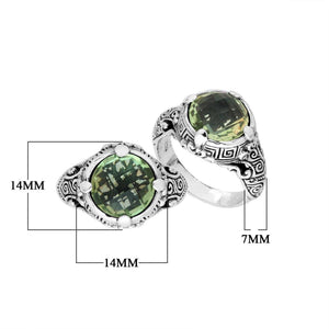 Sterling Silver ornate statement ring with Green Amethyst Quartz and intricate Bali-style detailing.