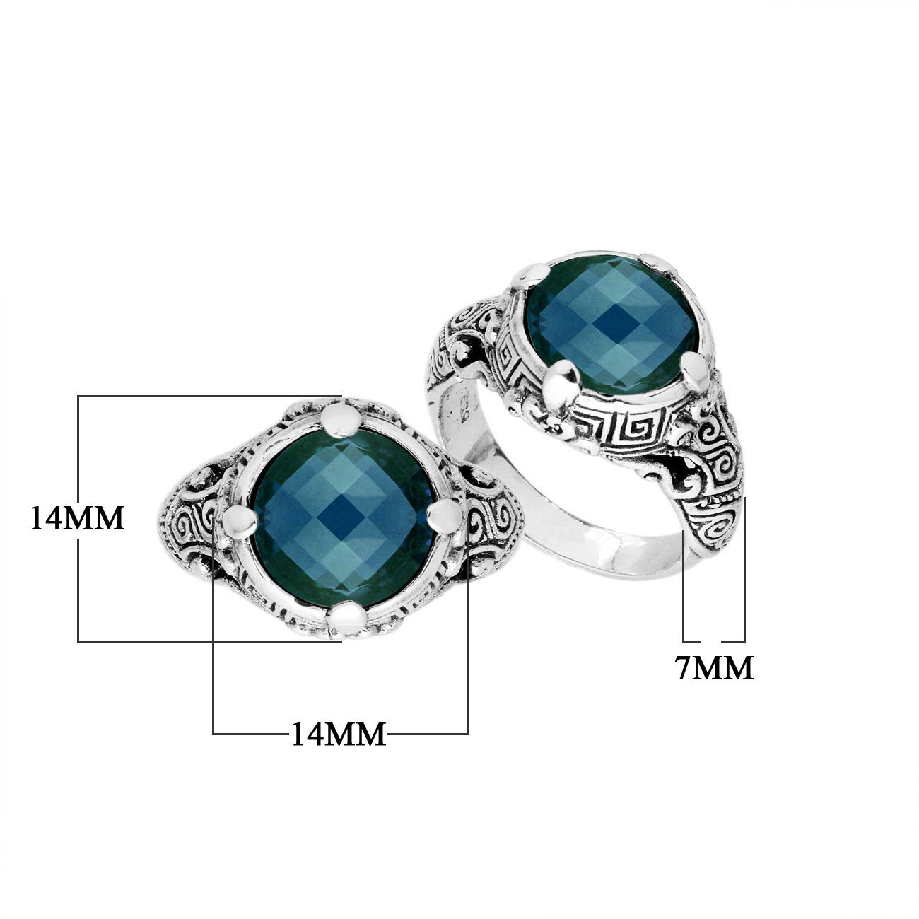 Sterling Silver Ornate Ring With London Blue Topaz Quartz And Balinese Carving Design
