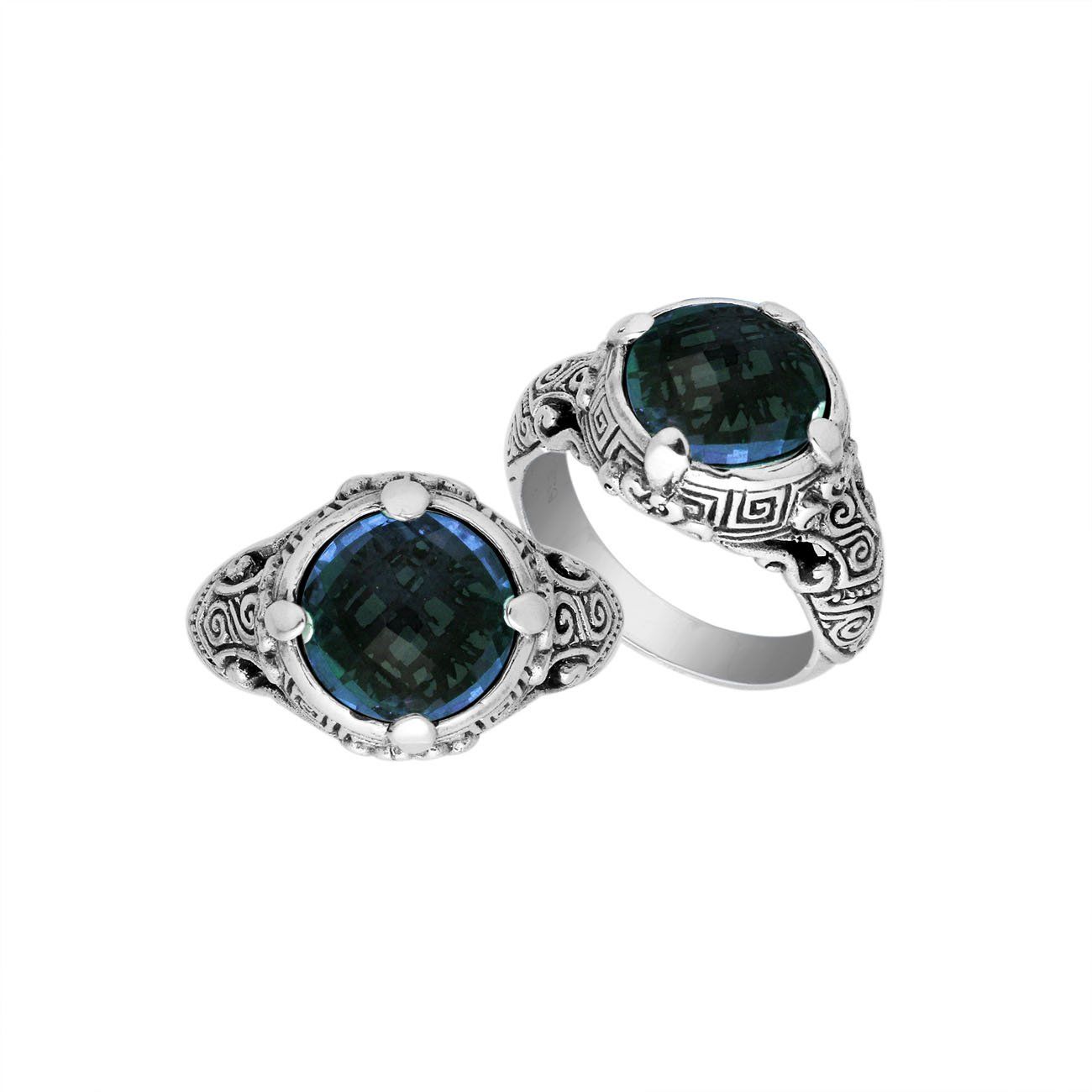 Sterling Silver Ornate Ring With London Blue Topaz Quartz And Balinese Carving Design