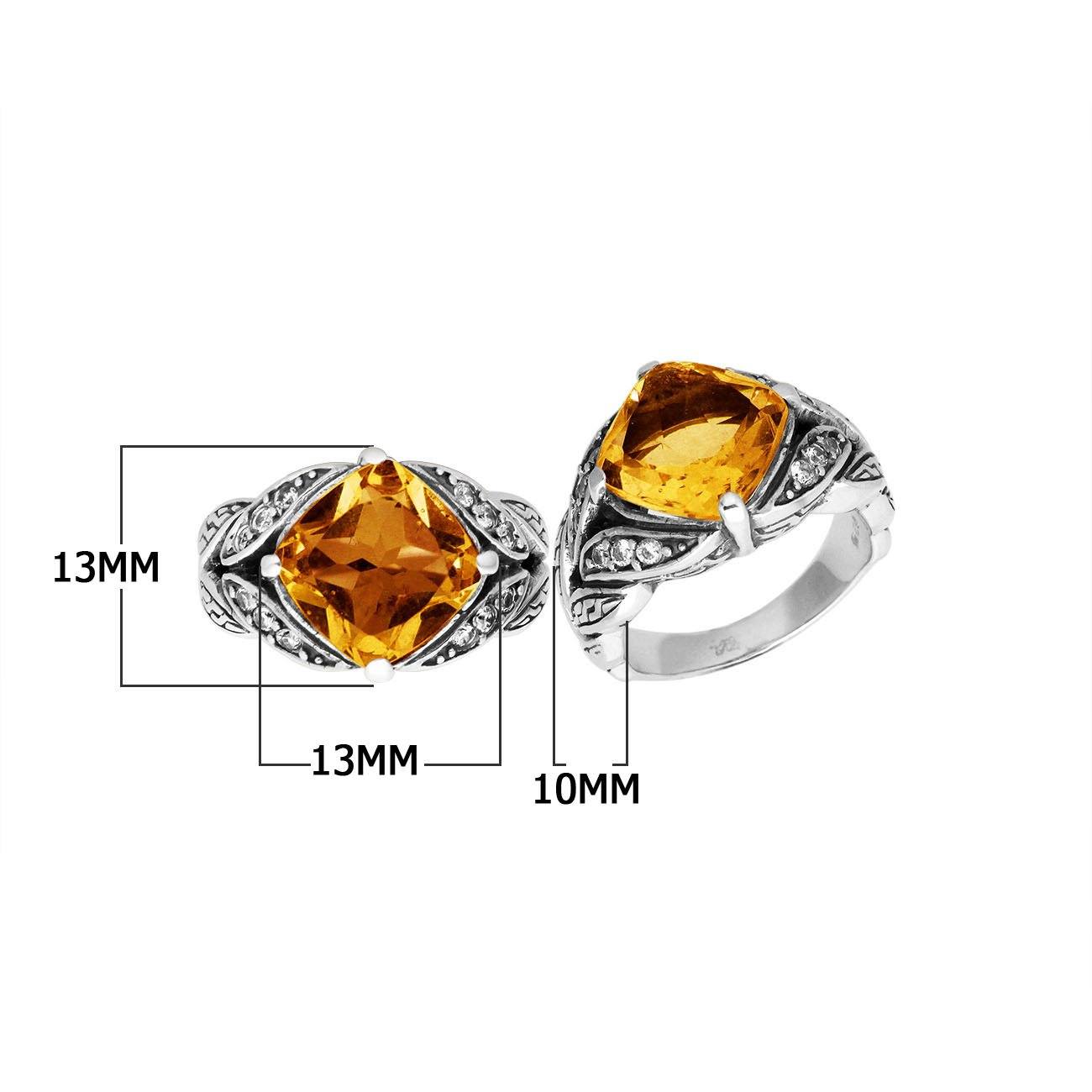 Sterling Silver Ornate Ring With Citrine Quartz And Cubic Zirconia In Balinese Carving Design