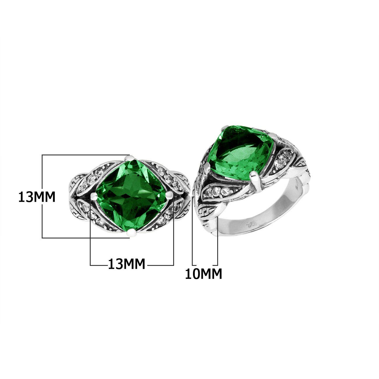 Sterling Silver Ornate Ring With Green Quartz And Cubic Zirconia In Balinese Carving Design