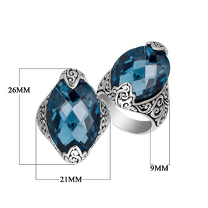 Sterling Silver Marquise Shape Statement Ring With London Blue Topaz Quartz In Balinese Design