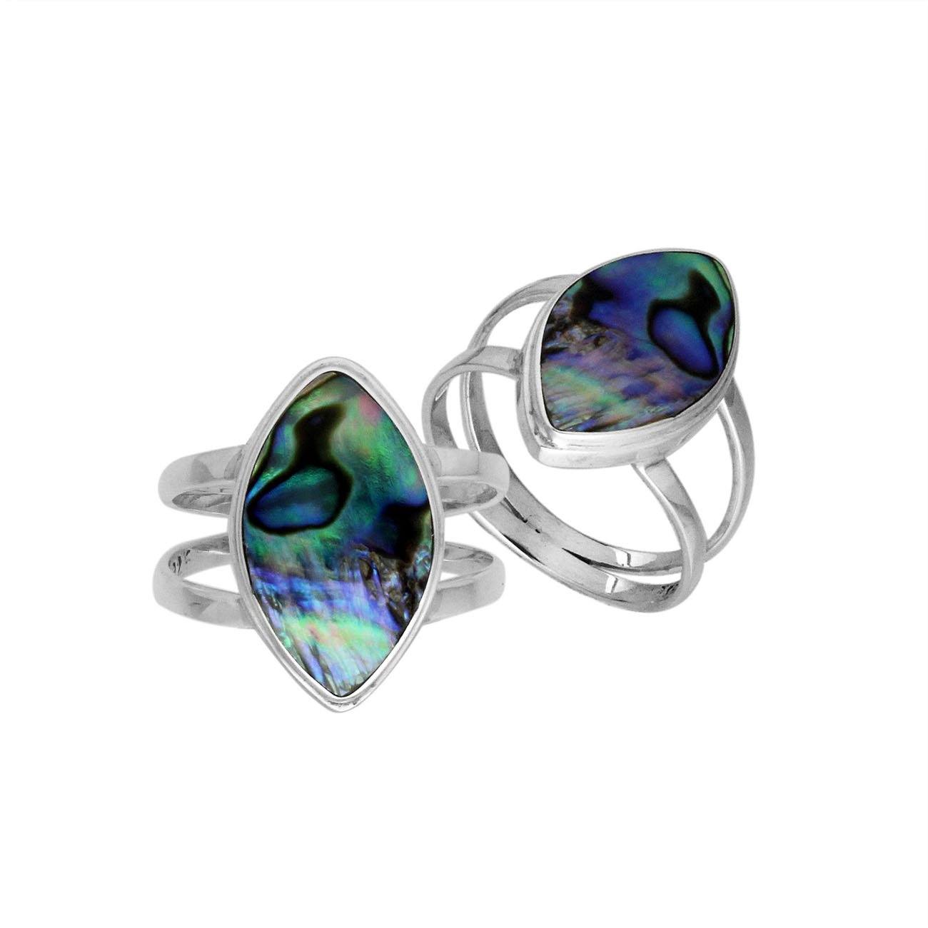 Sterling Silver Marquise Shape Statement Ring With Abalone Shell In Modern Balinese Design