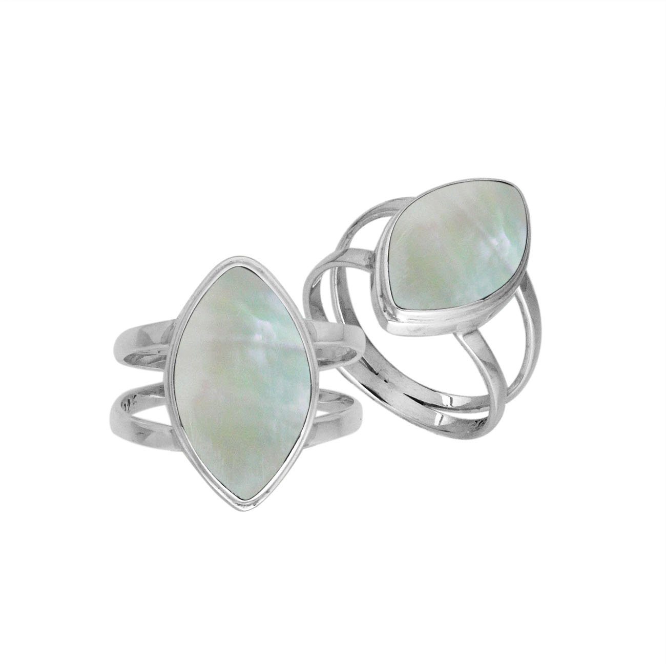 Sterling Silver Marquise Shape Statement Ring With Mother Of Pearl In Modern Balinese Design