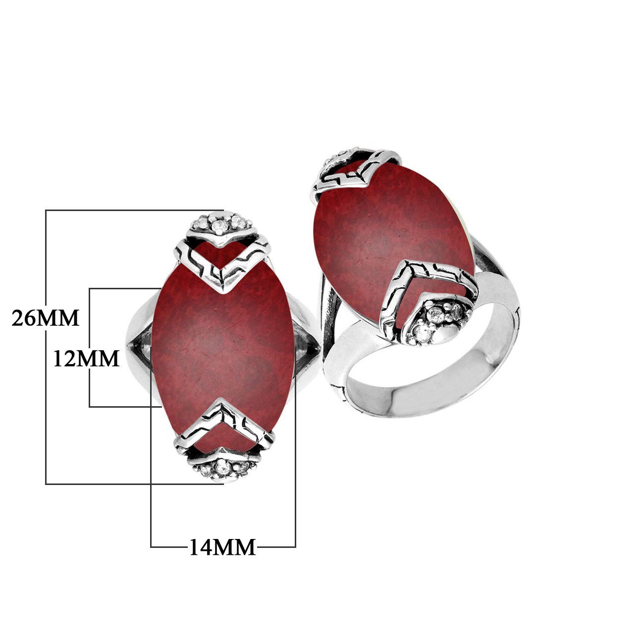 Sterling Silver Marquise Shape Statement Ring With Red Coral And Cubic Zirconia In Balinese Design