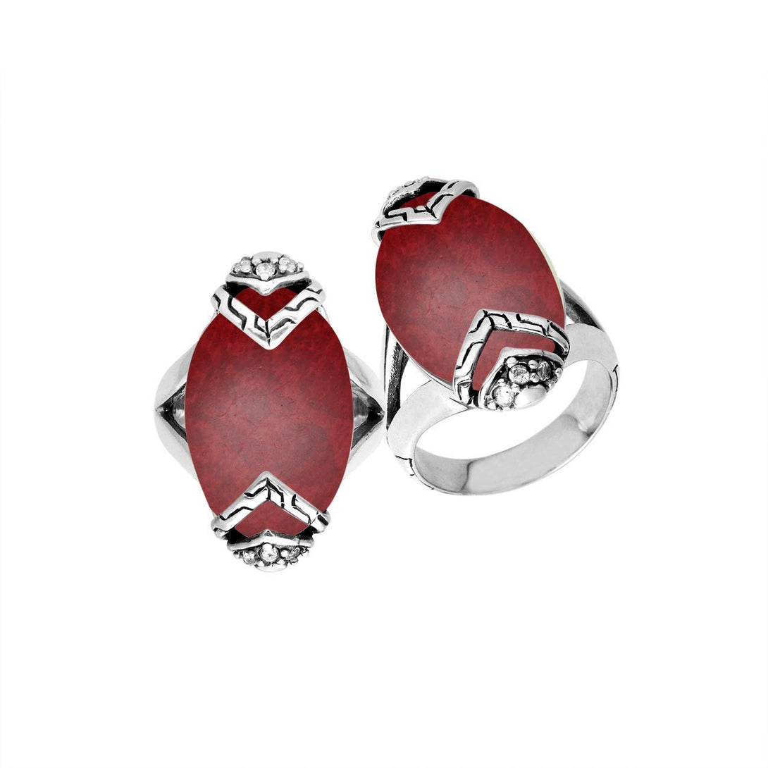 AR-6241-CR-6'' Sterling Silver Ring With Coral and Cubic Zircon Jewelry Bali Designs Inc 