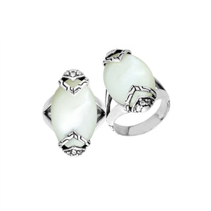 Sterling Silver Marquise Shape Statement Ring With Mother Of Pearl And Cubic Zirconia In Balinese Design