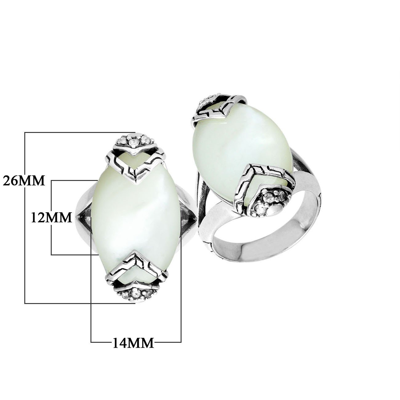 Sterling Silver Marquise Shape Statement Ring With Mother Of Pearl And Cubic Zirconia In Balinese Design