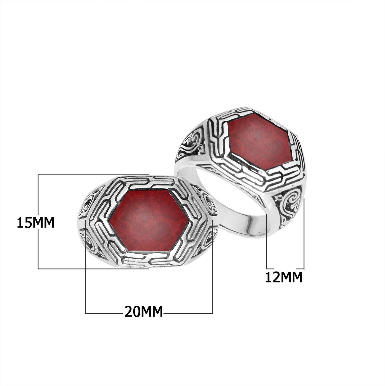Sterling Silver Hexagon Shape Designer Statement Ring With Red Coral For Wholesale