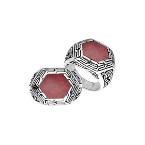 Sterling Silver Hexagon Shape Designer Statement Ring With Red Coral For Wholesale