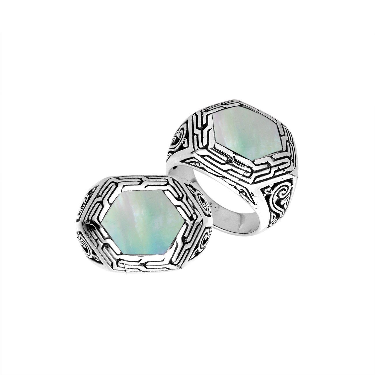 Sterling Silver Hexagon Shape Designer Statement Ring With Mother Of Pearl For Wholesale