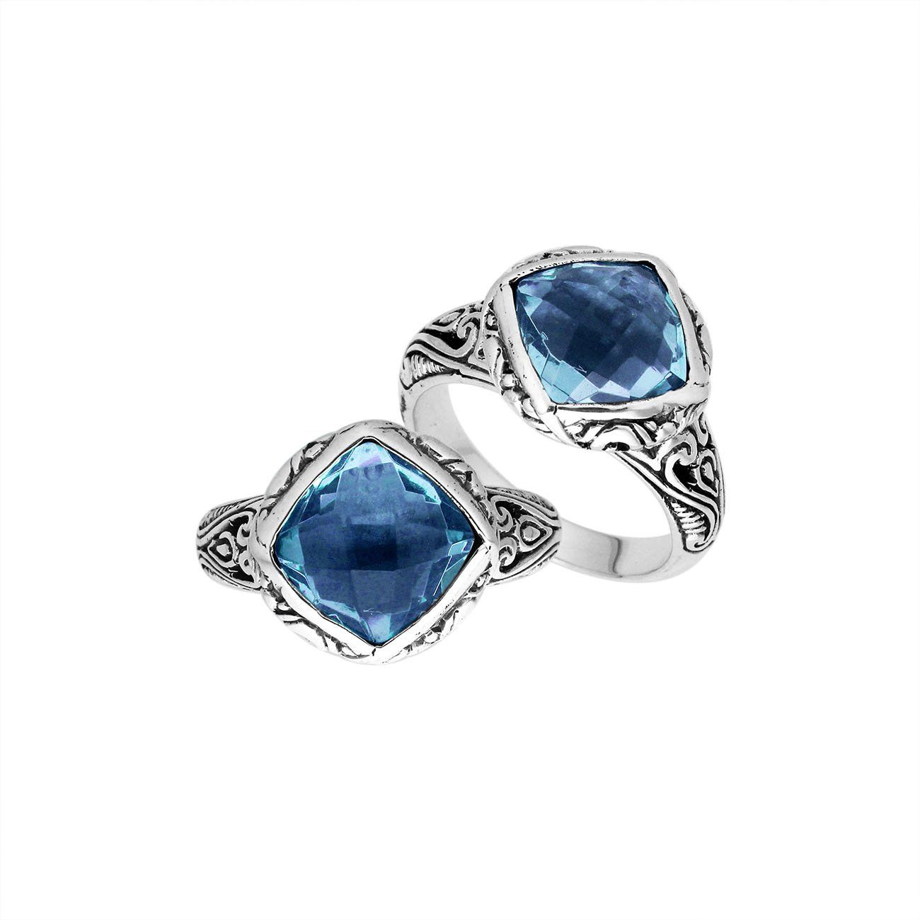 Sterling Silver Cushion Shape Statement Ring With Blue Topaz Quartz And Balinese Detailing