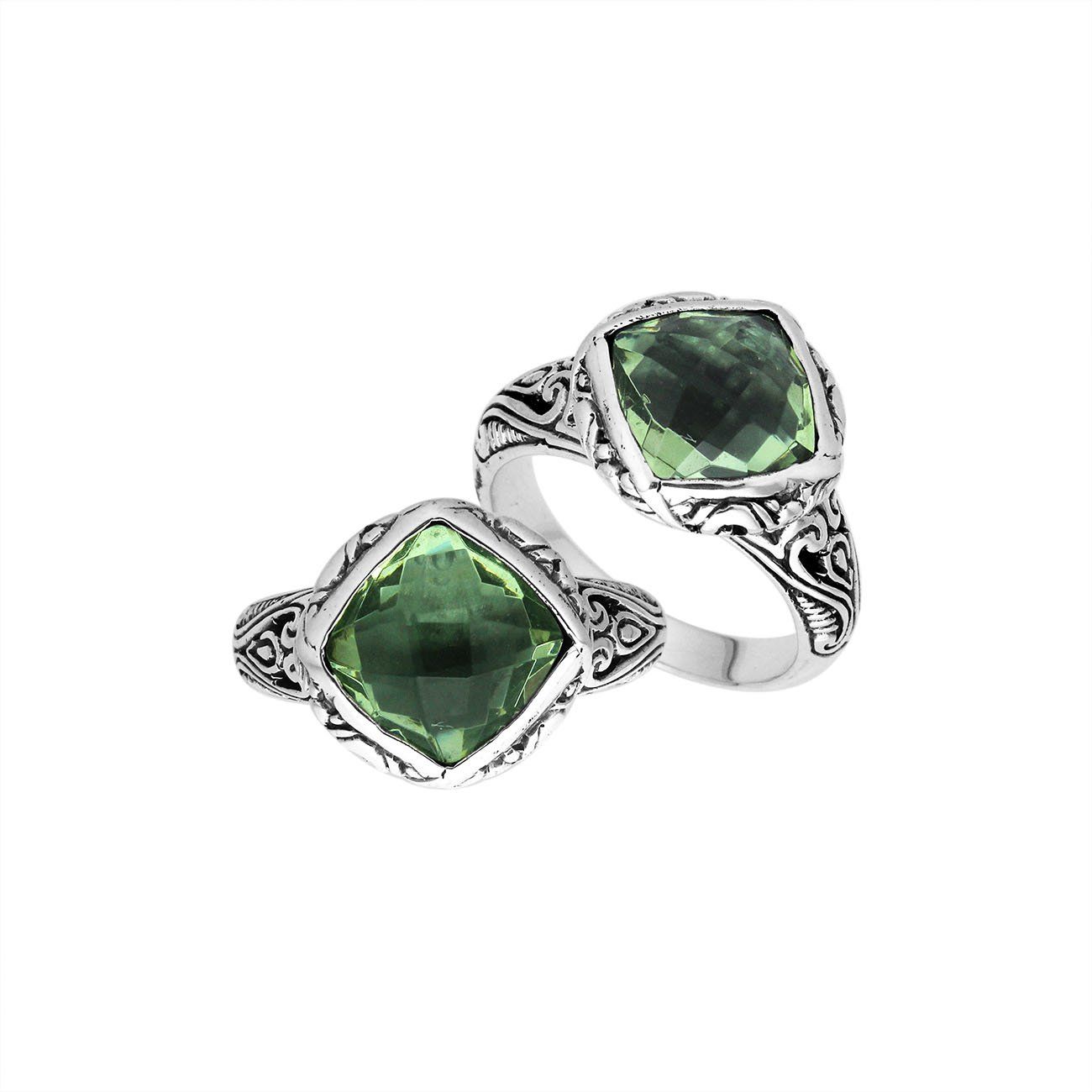 Sterling Silver Cushion Shape Statement Ring With Green Amethyst Quartz And Balinese Detailing