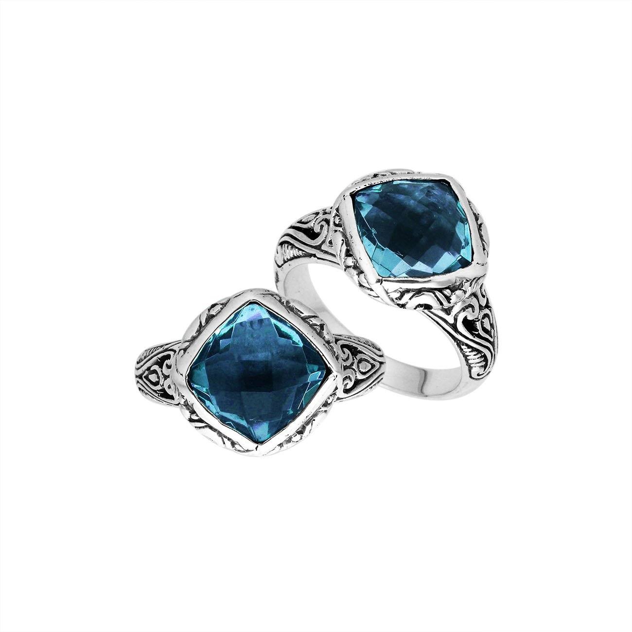 Sterling Silver Cushion Shape Statement Ring With London Blue Topaz Quartz And Balinese Detailing