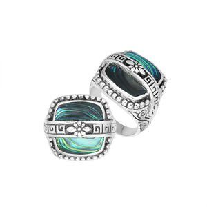 Sterling Silver Rectangular Shape Statement Ring With Abalone Shell And Floral Pattern