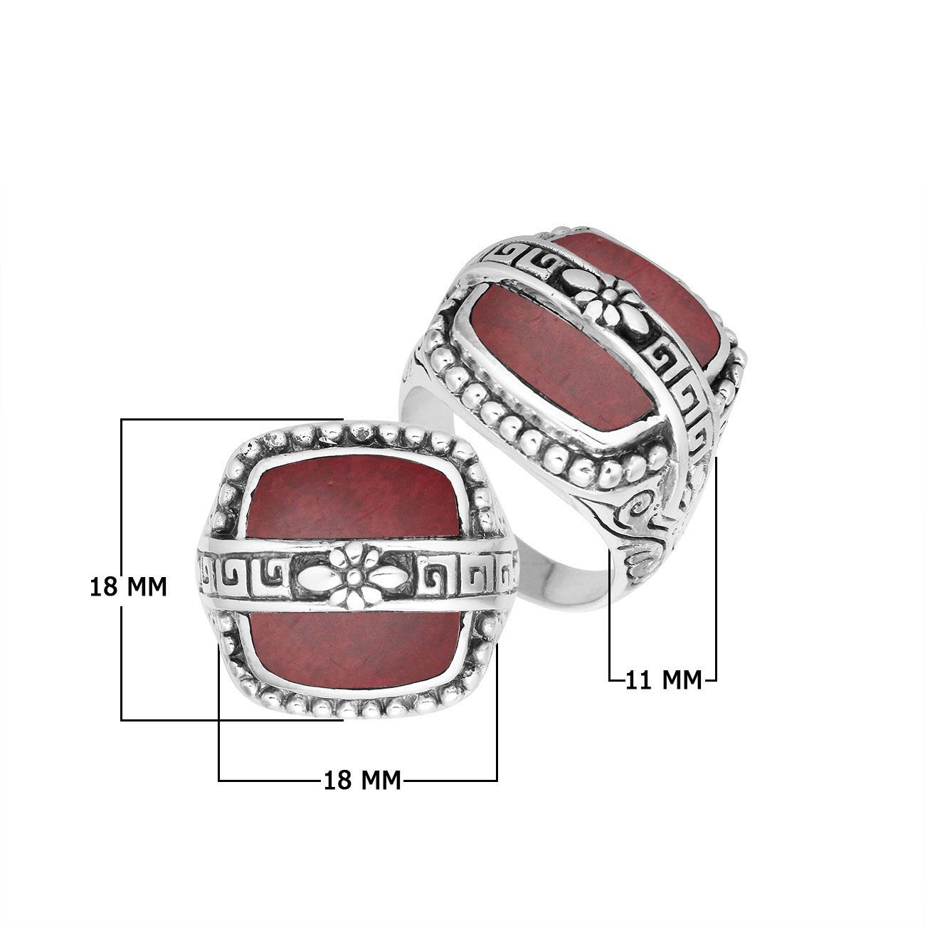 Sterling Silver Rectangular Shape Statement Ring With Red Coral And Floral Pattern