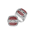 Sterling Silver Rectangular Shape Statement Ring With Red Coral And Floral Pattern