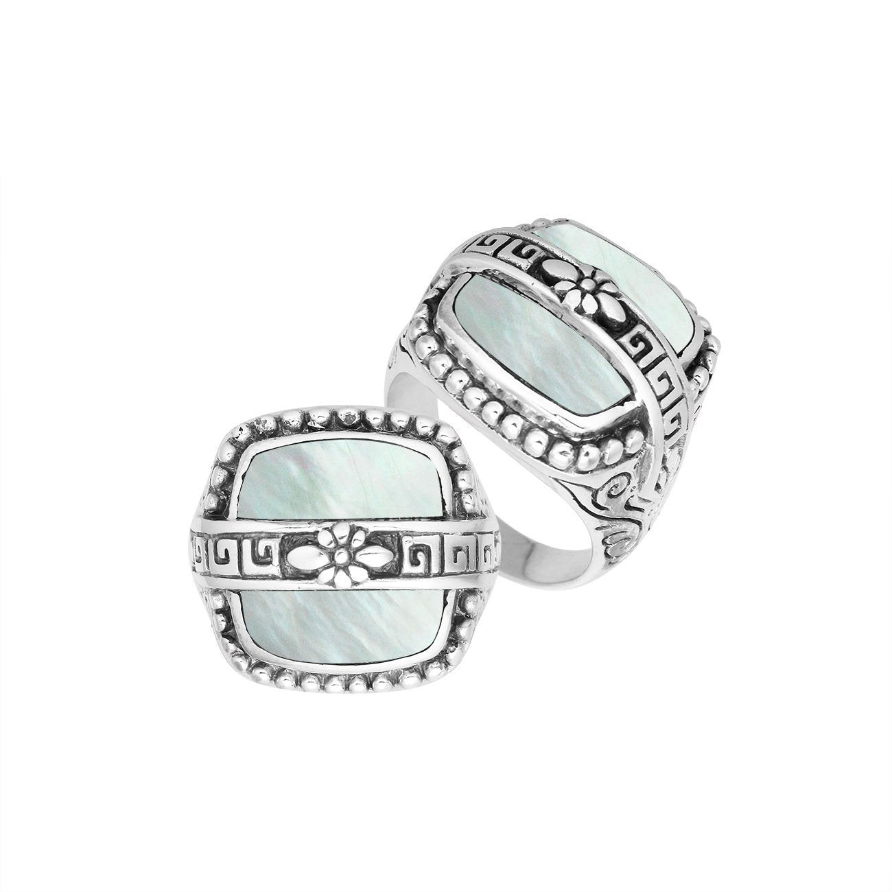 Sterling Silver Rectangular Shape Statement Ring With Mother Of Pearl And Floral Pattern