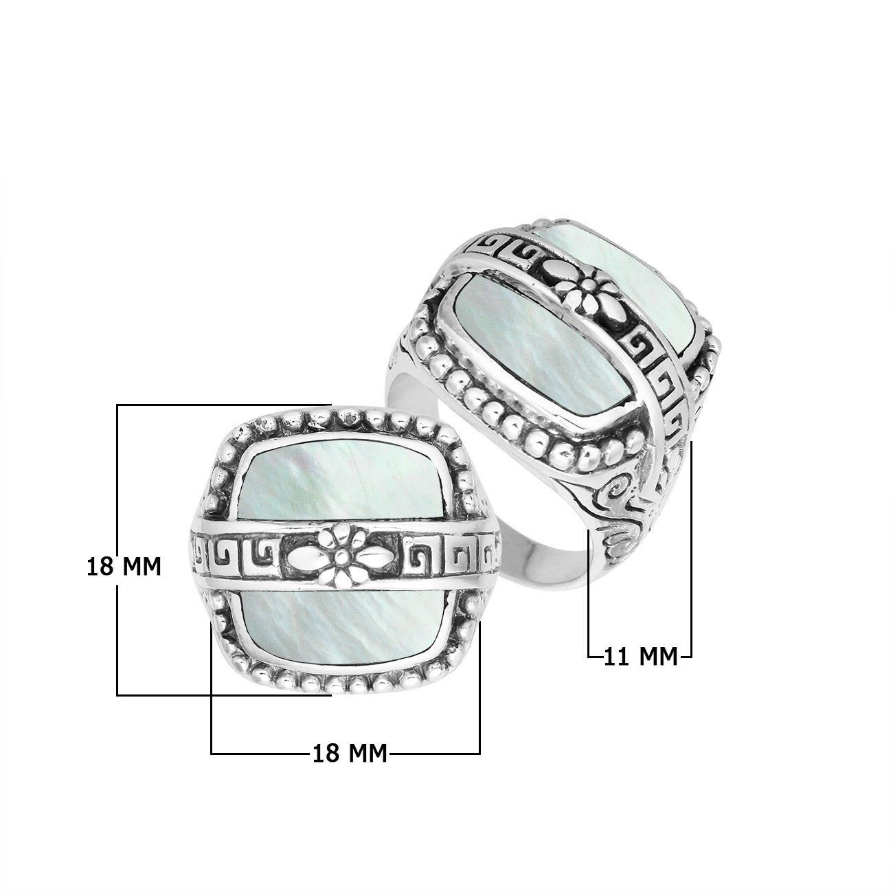 Sterling Silver Rectangular Shape Statement Ring With Mother Of Pearl And Floral Pattern