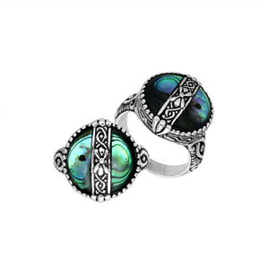 Sterling Silver Round Shape Statement Ring With Abalone Shell And Balinese Pattern