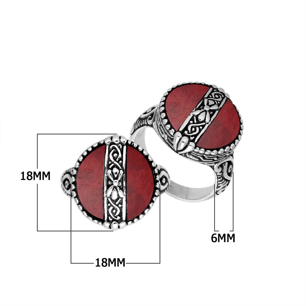 Sterling Silver Round Shape Statement Ring With Red Coral And Balinese Pattern