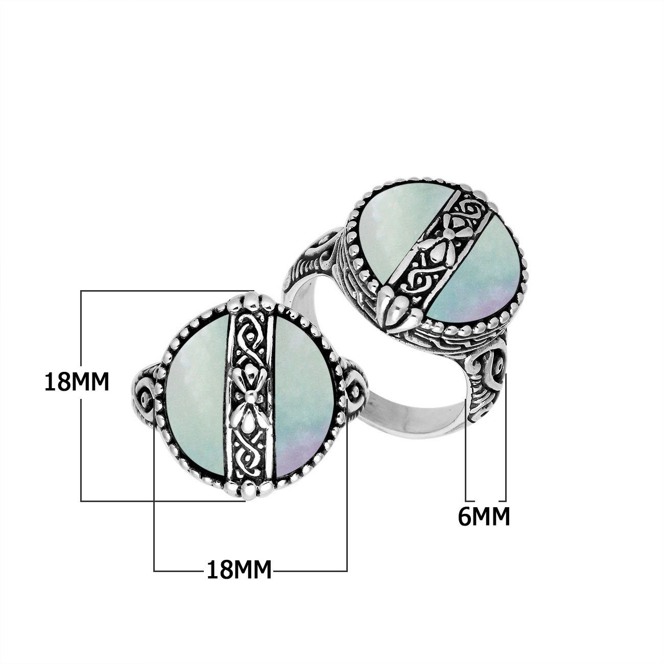 Sterling Silver Round Shape Statement Ring With Mother Of Pearl And Balinese Pattern