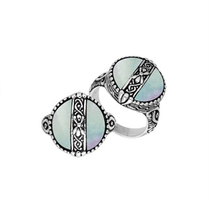 Sterling Silver Round Shape Statement Ring With Mother Of Pearl And Balinese Pattern