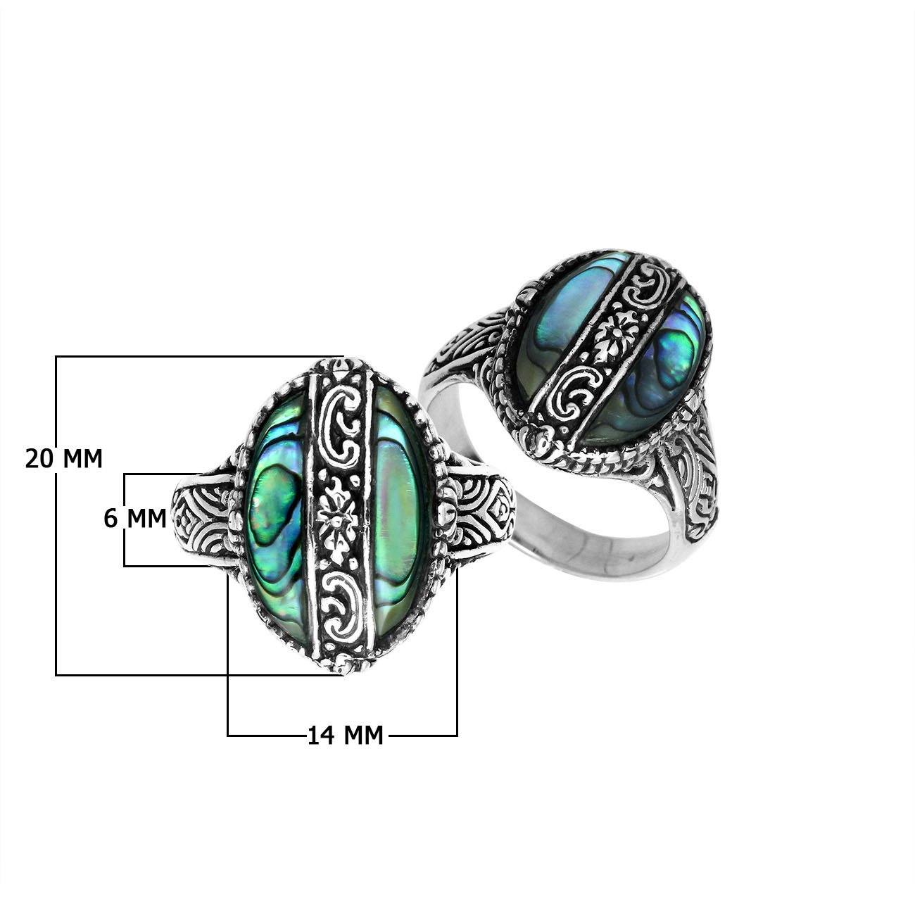 Sterling Silver Oval Shape Statement Ring With Abalone Shell And Balinese Floral Pattern