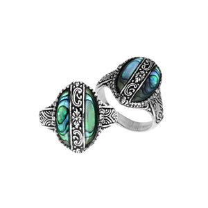 Sterling Silver Oval Shape Statement Ring With Abalone Shell And Balinese Floral Pattern