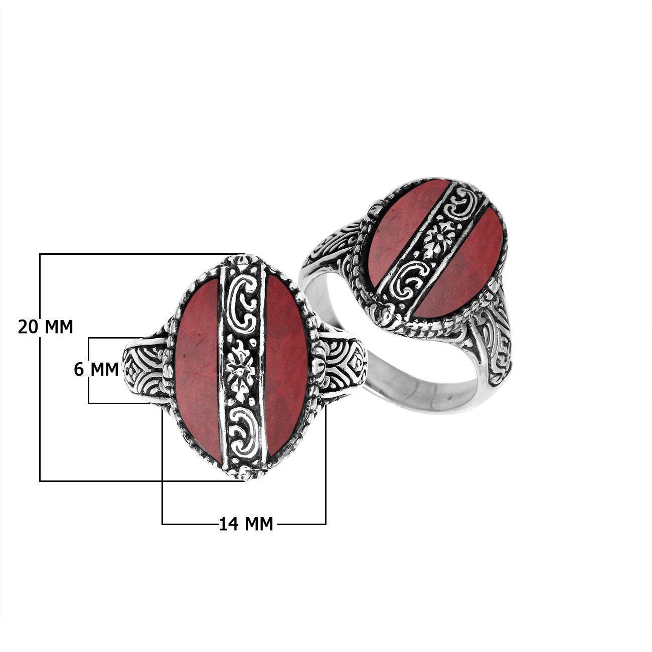 Sterling Silver Oval Shape Statement Ring With Red Coral And Balinese Floral Pattern