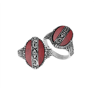 Sterling Silver Oval Shape Statement Ring With Red Coral And Balinese Floral Pattern