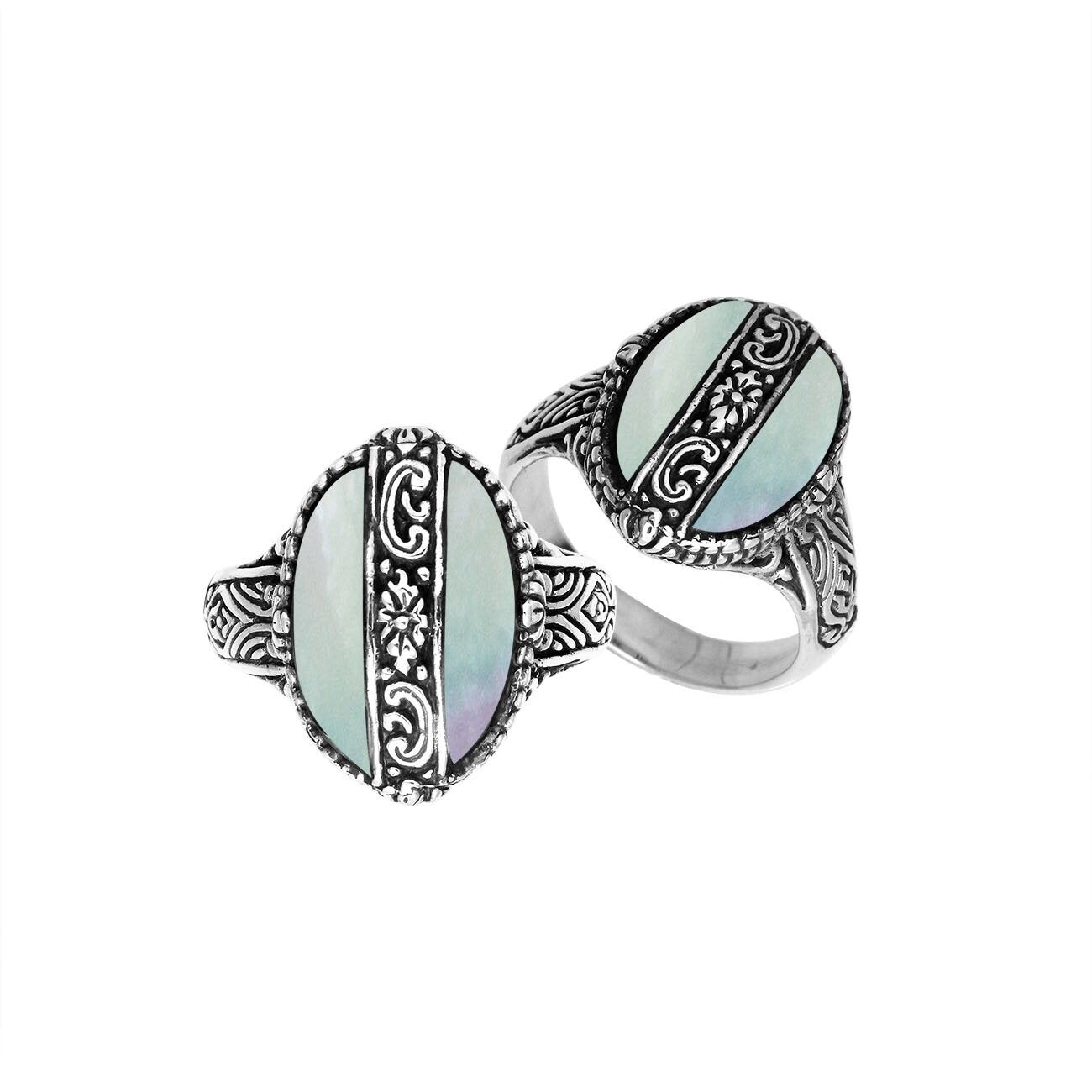 Sterling Silver Oval Shape Statement Ring With Mother Of Pearl And Balinese Floral Pattern