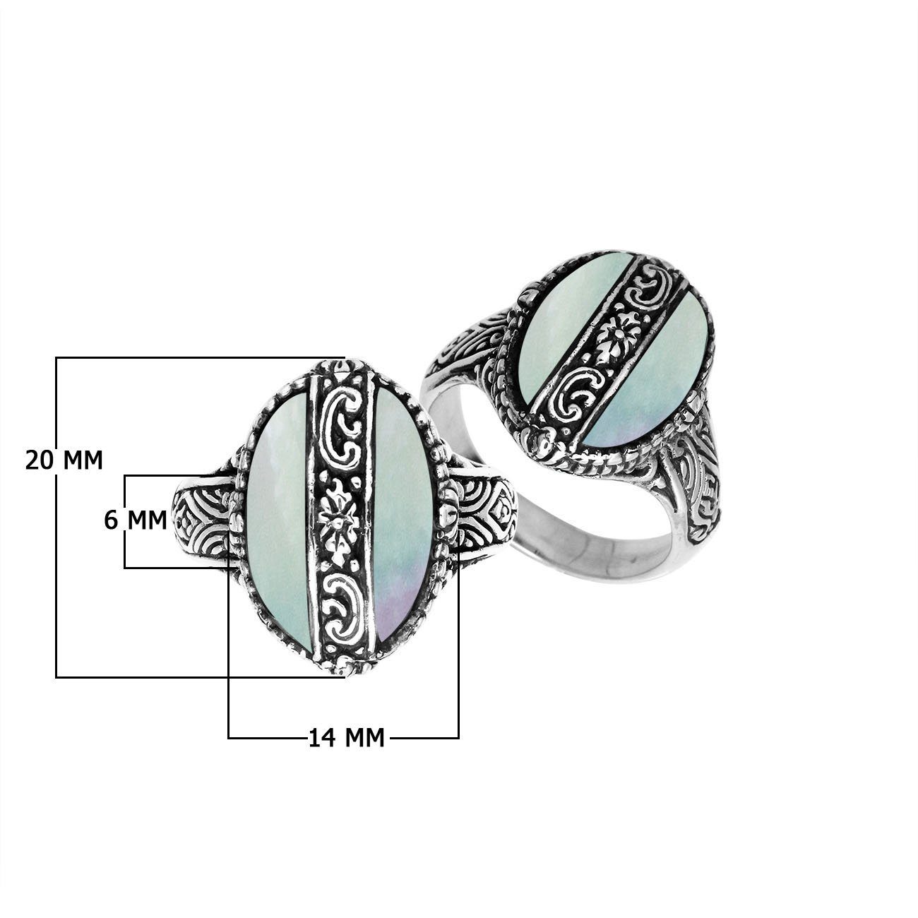 Sterling Silver Oval Shape Statement Ring With Mother Of Pearl And Balinese Floral Pattern