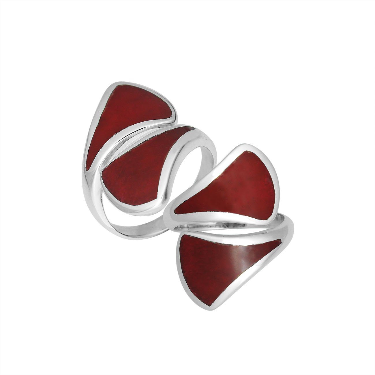 Sterling Silver Modern Open Shape Statement Ring With Red Coral