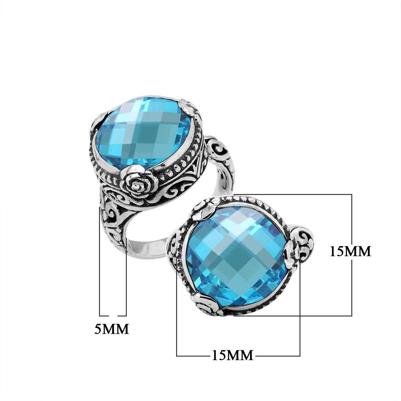 Sterling Silver Floral Balinese Round Shape Statement Ring With Blue Topaz Quartz