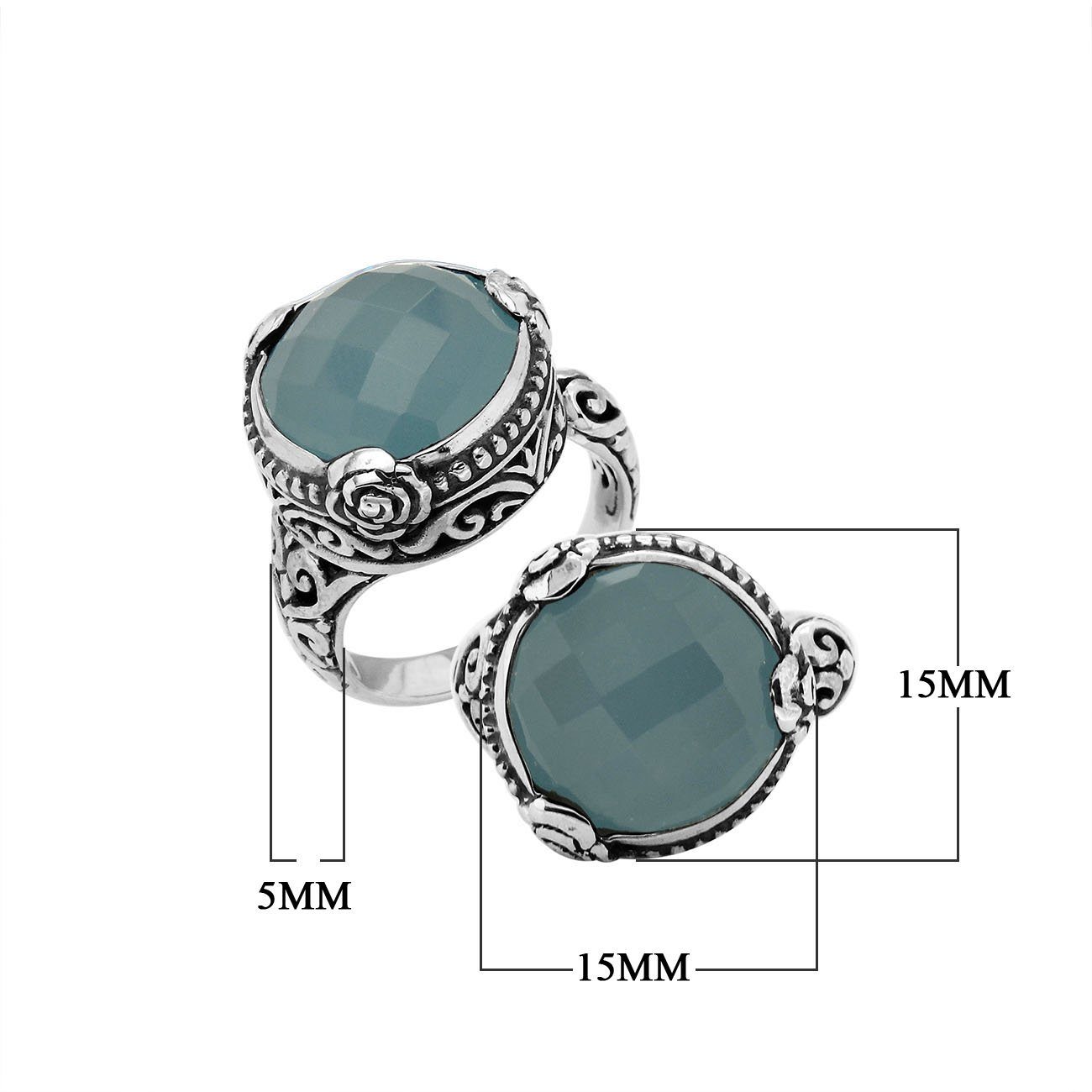Sterling Silver Floral Balinese Round Shape Statement Ring With Blue Chalcedony Quartz