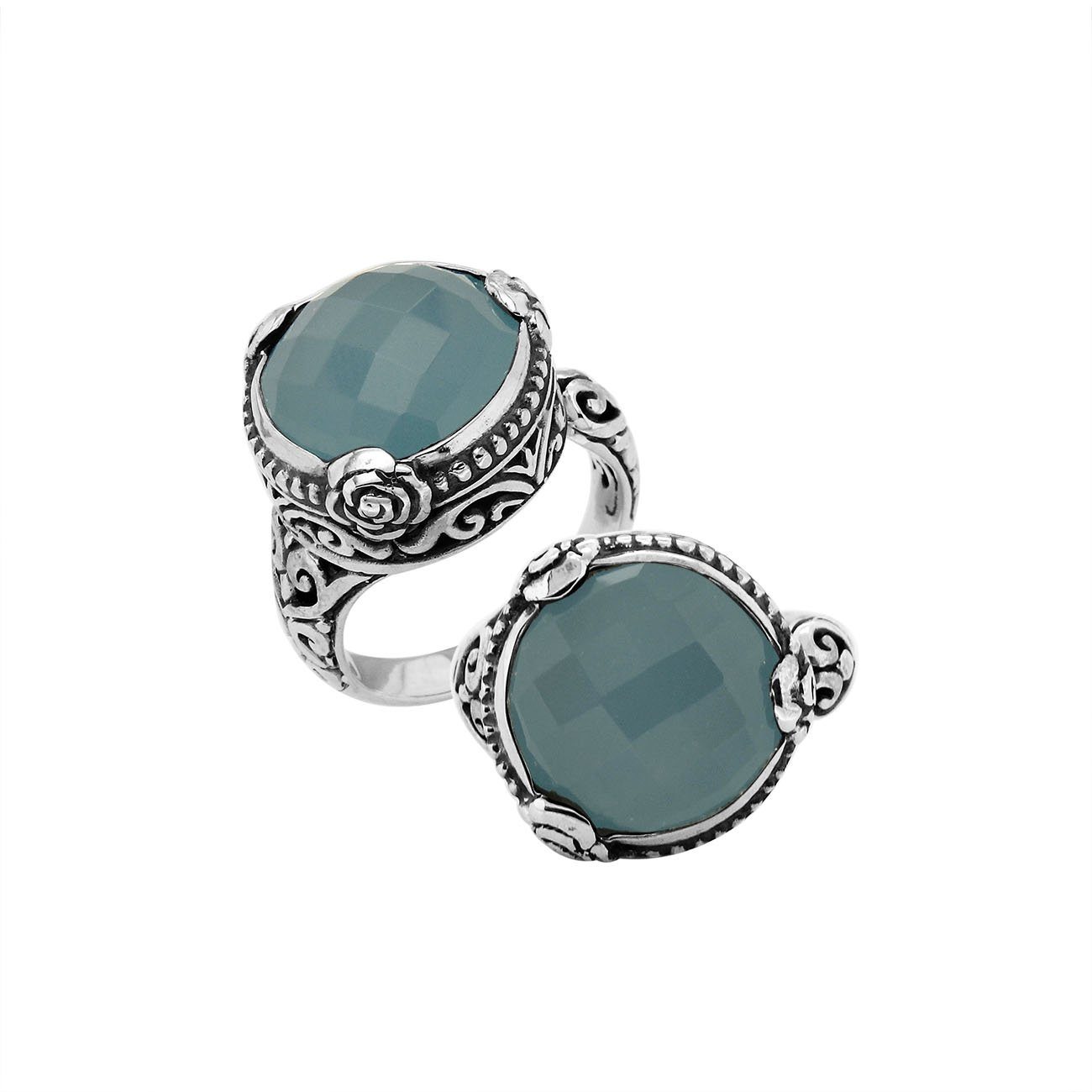Sterling Silver Floral Balinese Round Shape Statement Ring With Blue Chalcedony Quartz