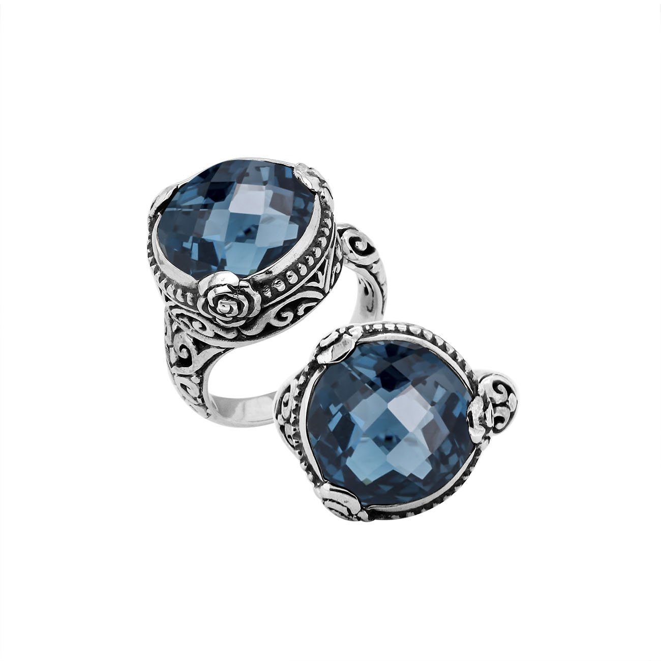 Sterling Silver Floral Balinese Round Shape Statement Ring With London Blue Topaz Quartz