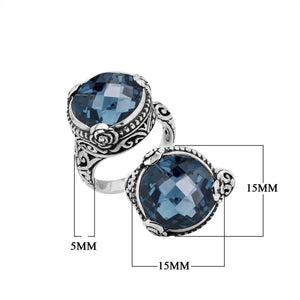 Sterling Silver Floral Balinese Round Shape Statement Ring With London Blue Topaz Quartz