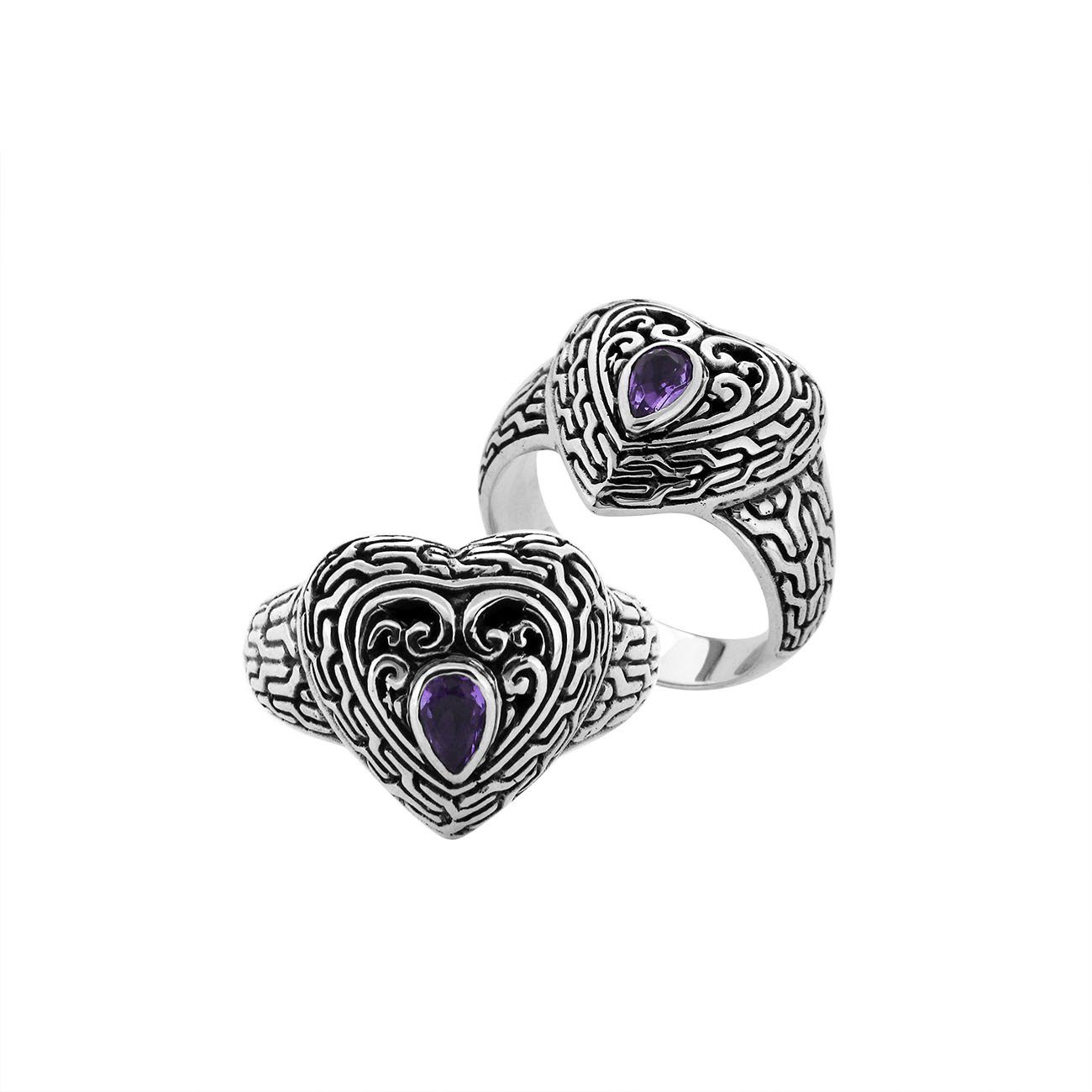 Sterling Silver Heart Shape Balinese Vintage Statement Ring With Amethyst Quartz