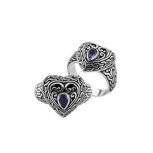 Sterling Silver Heart Shape Balinese Vintage Statement Ring With Amethyst Quartz