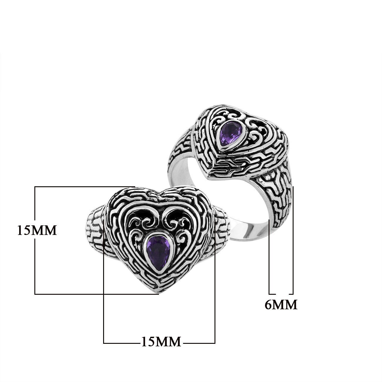 Sterling Silver Heart Shape Balinese Vintage Statement Ring With Amethyst Quartz