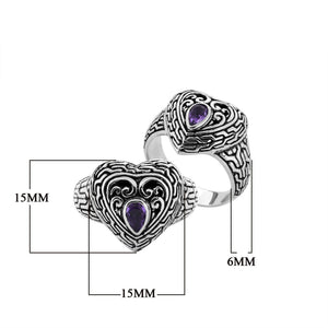 Sterling Silver Heart Shape Balinese Vintage Statement Ring With Amethyst Quartz