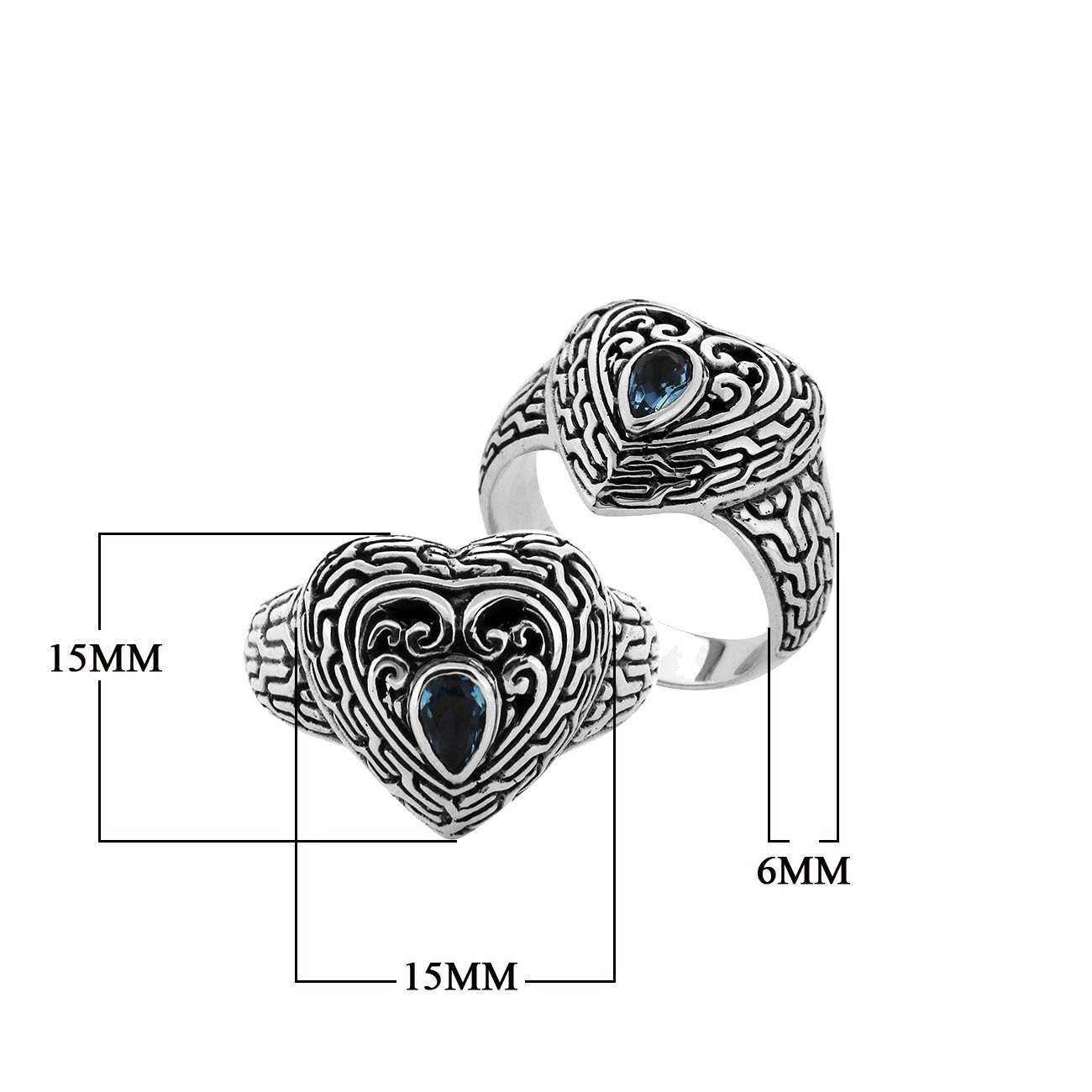 Sterling Silver Heart Shape Balinese Vintage Statement Ring With Blue Topaz Quartz