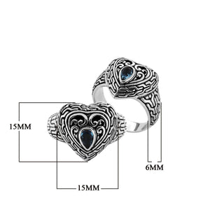 Sterling Silver Heart Shape Balinese Vintage Statement Ring With Blue Topaz Quartz