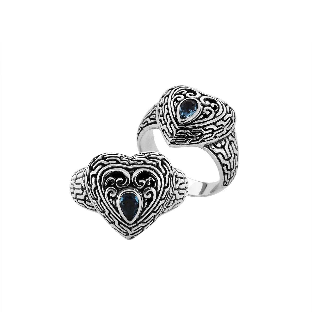 Sterling Silver Heart Shape Balinese Vintage Statement Ring With Blue Topaz Quartz