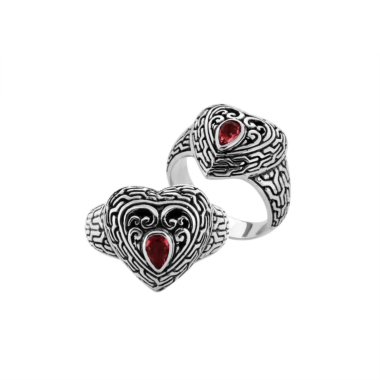 Sterling Silver Heart Shape Balinese Vintage Statement Ring With Garnet Quartz
