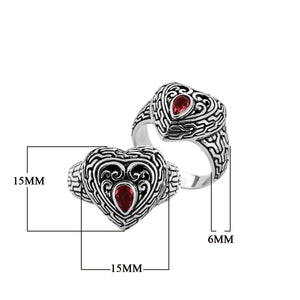 Sterling Silver Heart Shape Balinese Vintage Statement Ring With Garnet Quartz