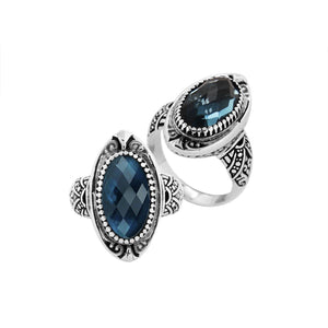 Sterling Silver Oval Shape Balinese Statement Ring With London Blue Topaz Quartz