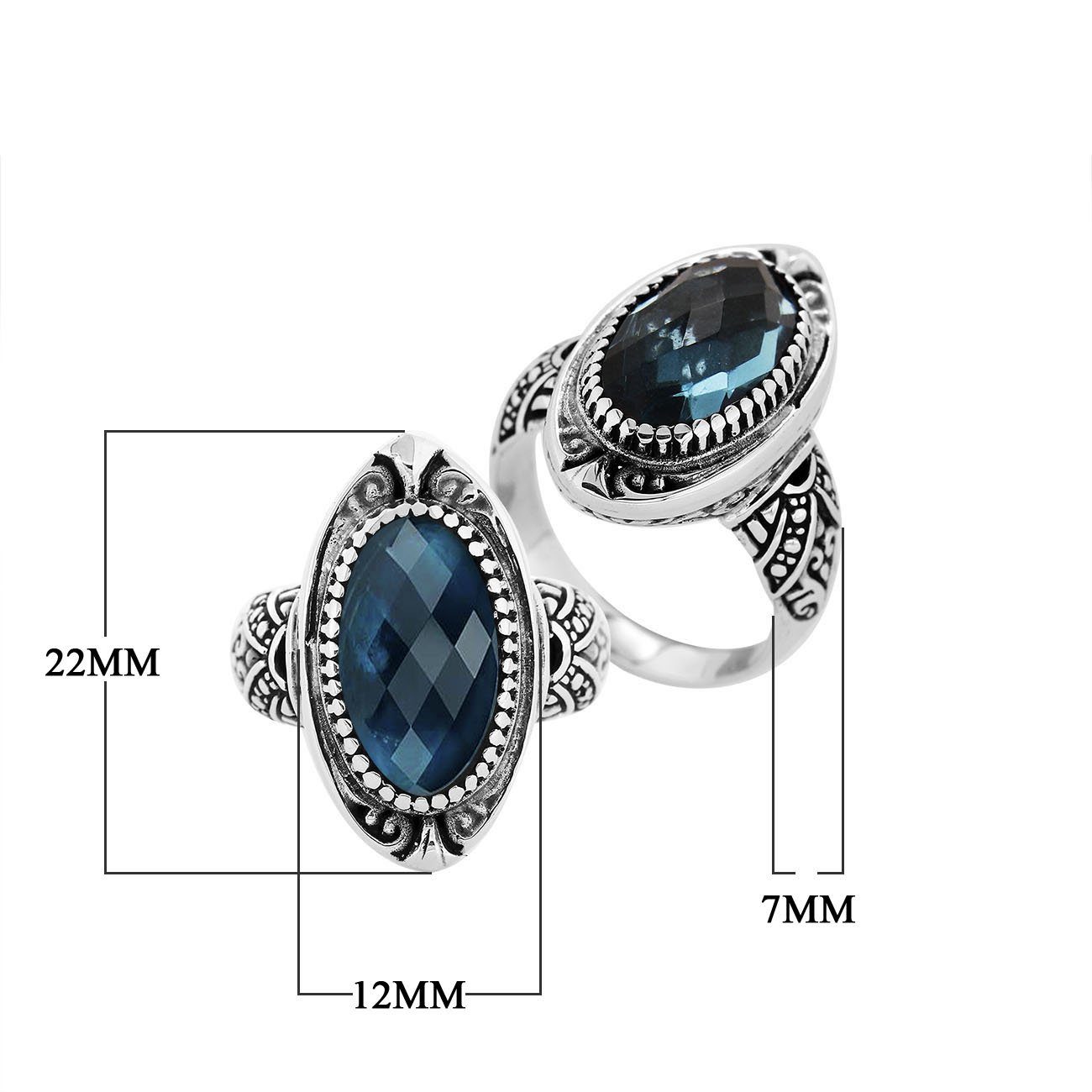 Sterling Silver Oval Shape Balinese Statement Ring With London Blue Topaz Quartz